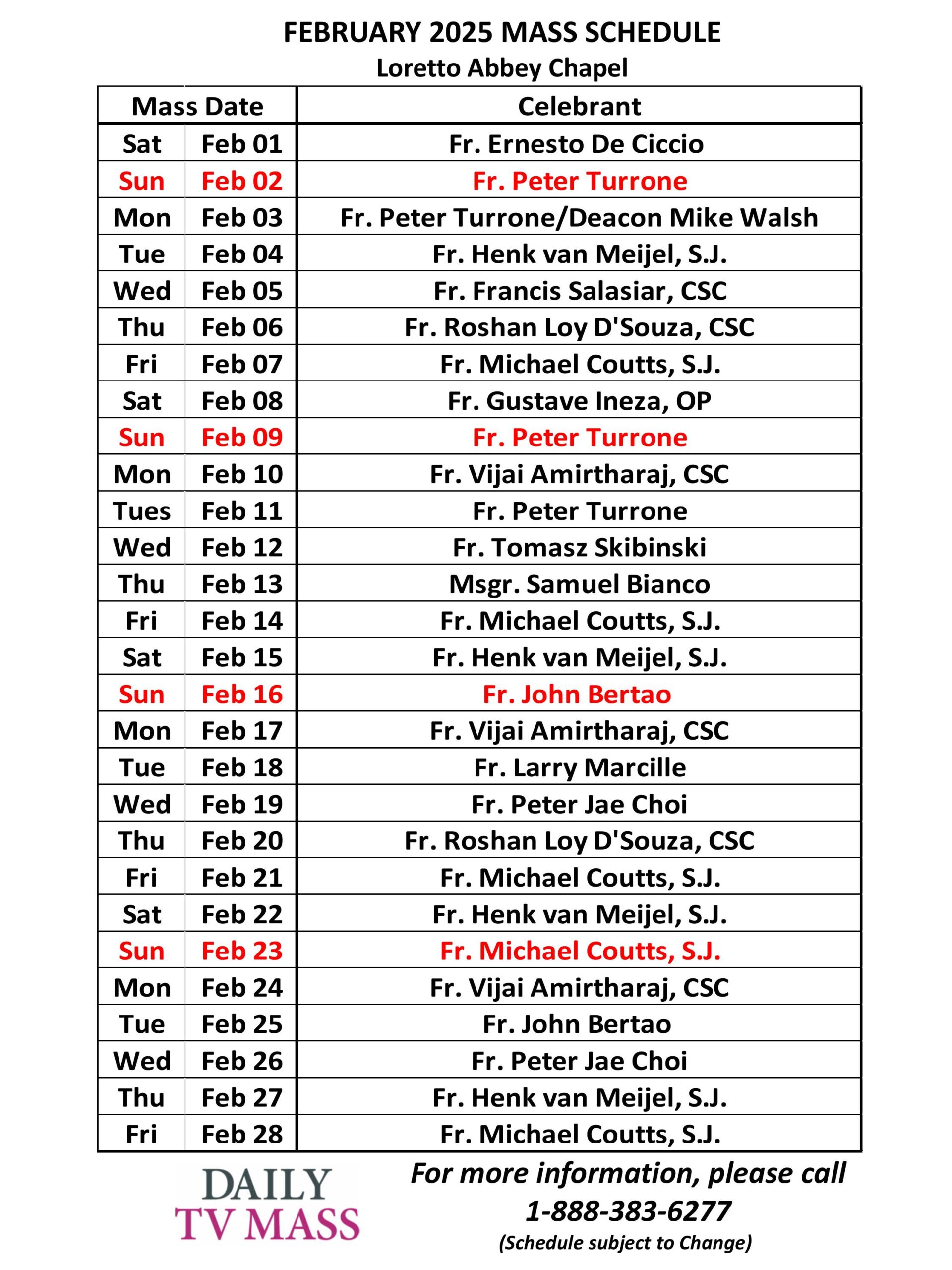 February Celebrant Schedule Daily TV Mass Daily Mass Feb 18 2025 Schedule